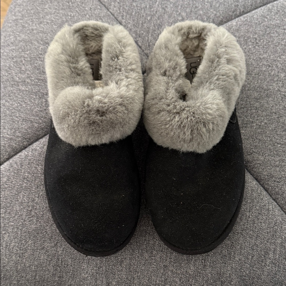UGG Black Slippers with Gray Fur Lining